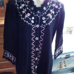 Storybook Knits Black & Pink Sweater Floral And Zig Zag Work Coat Sz M